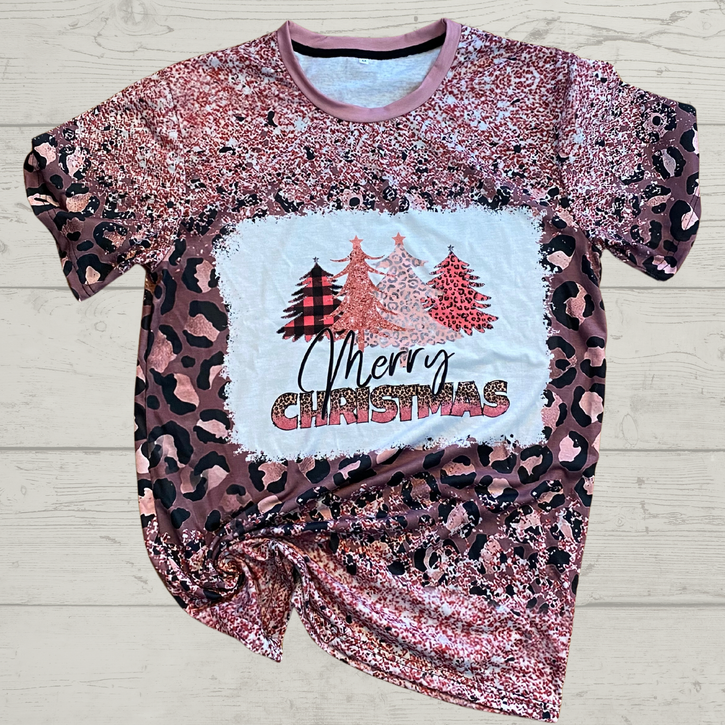 Merry Christmas Printed Pink Leopard T-Shirt