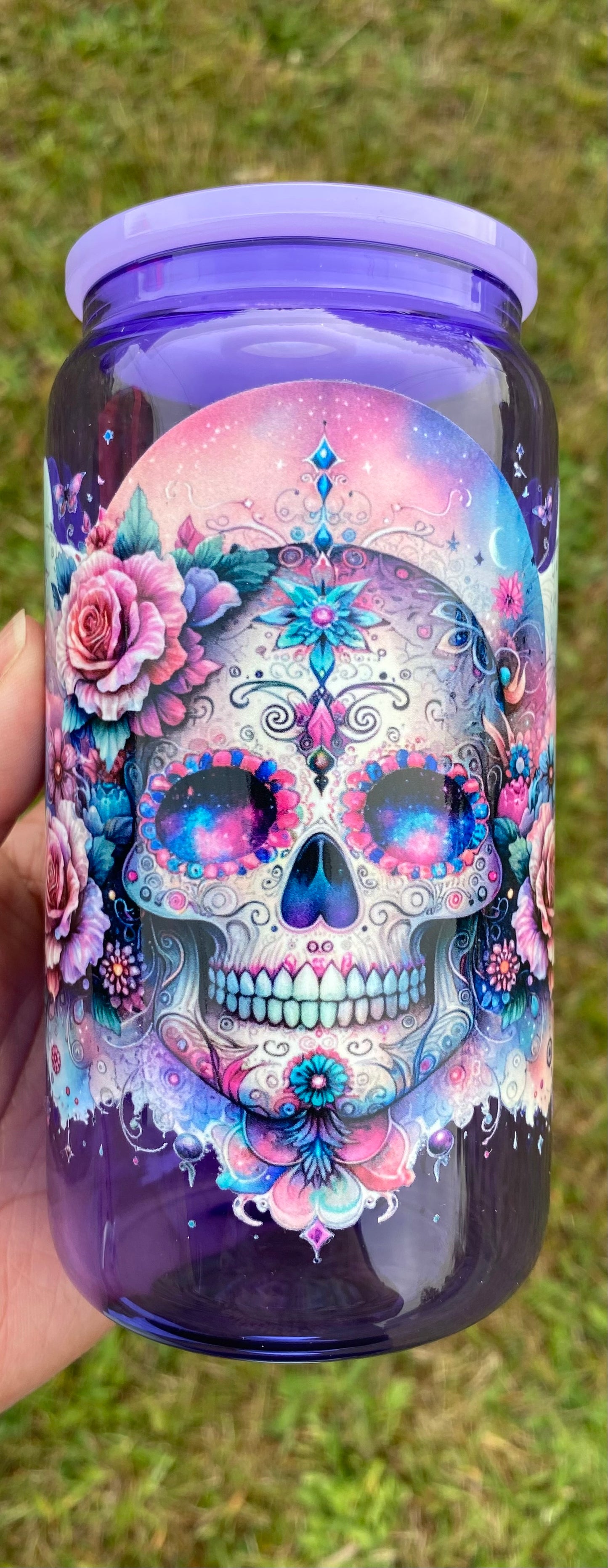 G21 Glass Floral Skull Purple