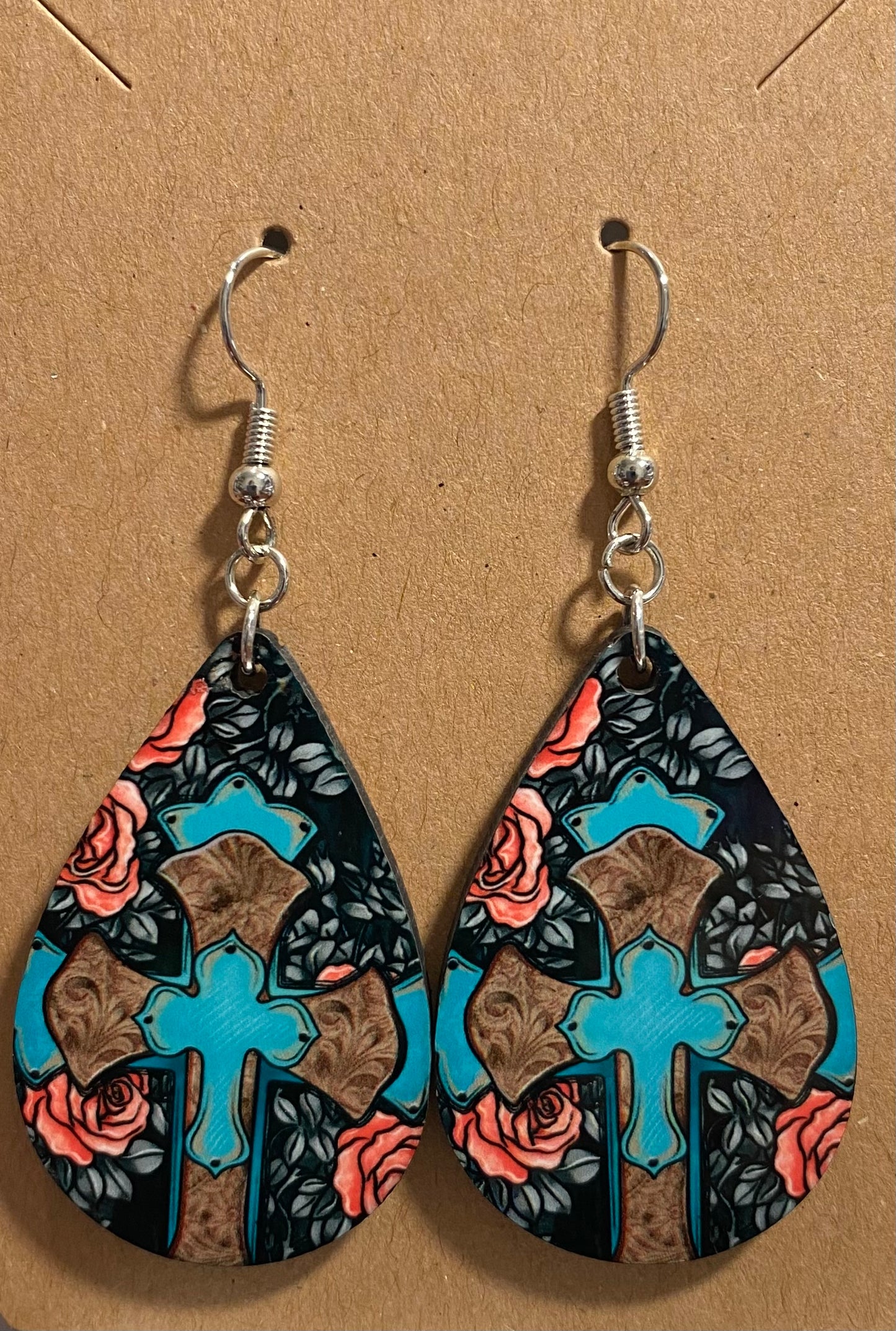 Turquoise Cross and Roses Earrings