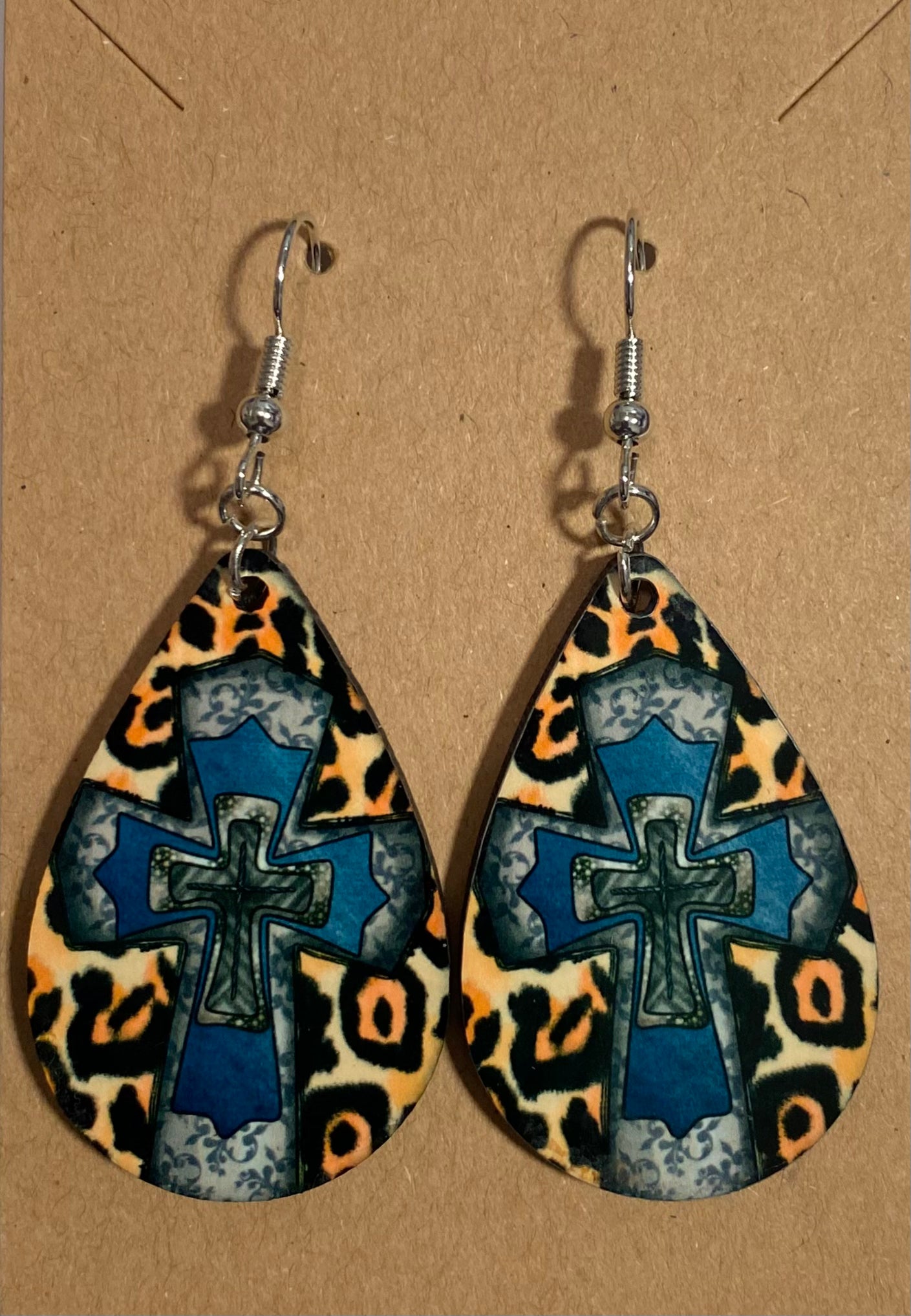 Orange Cheetah Cross Earrings