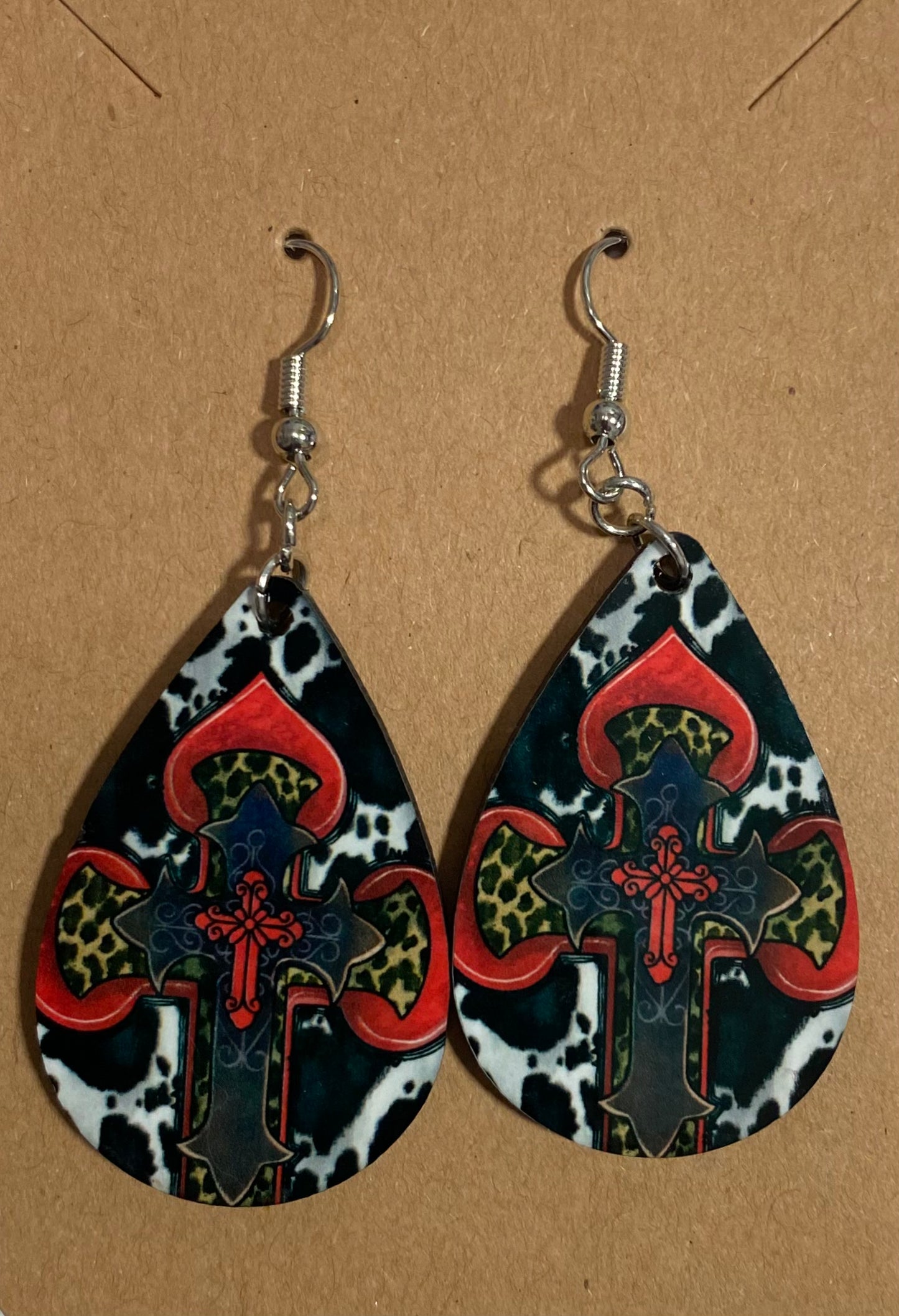 Cow Print Red Cross Earrings